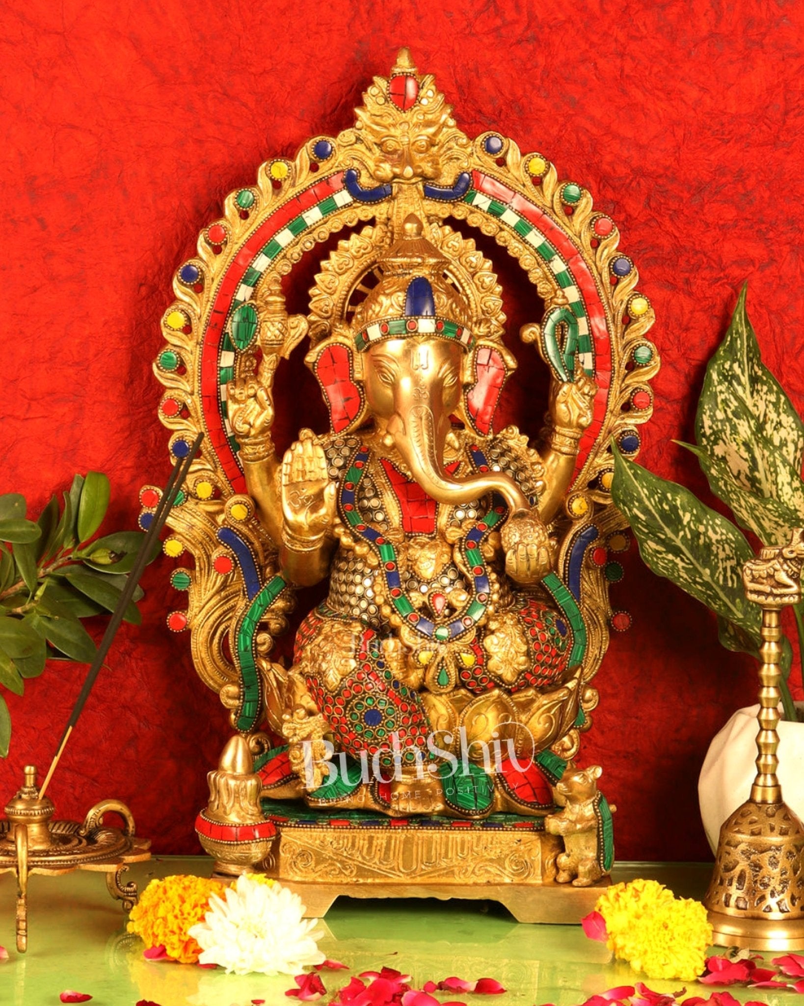 Handcrafted Raja Ganesha Statue with Natural Stones and Pure Brass Rings - 18" Height