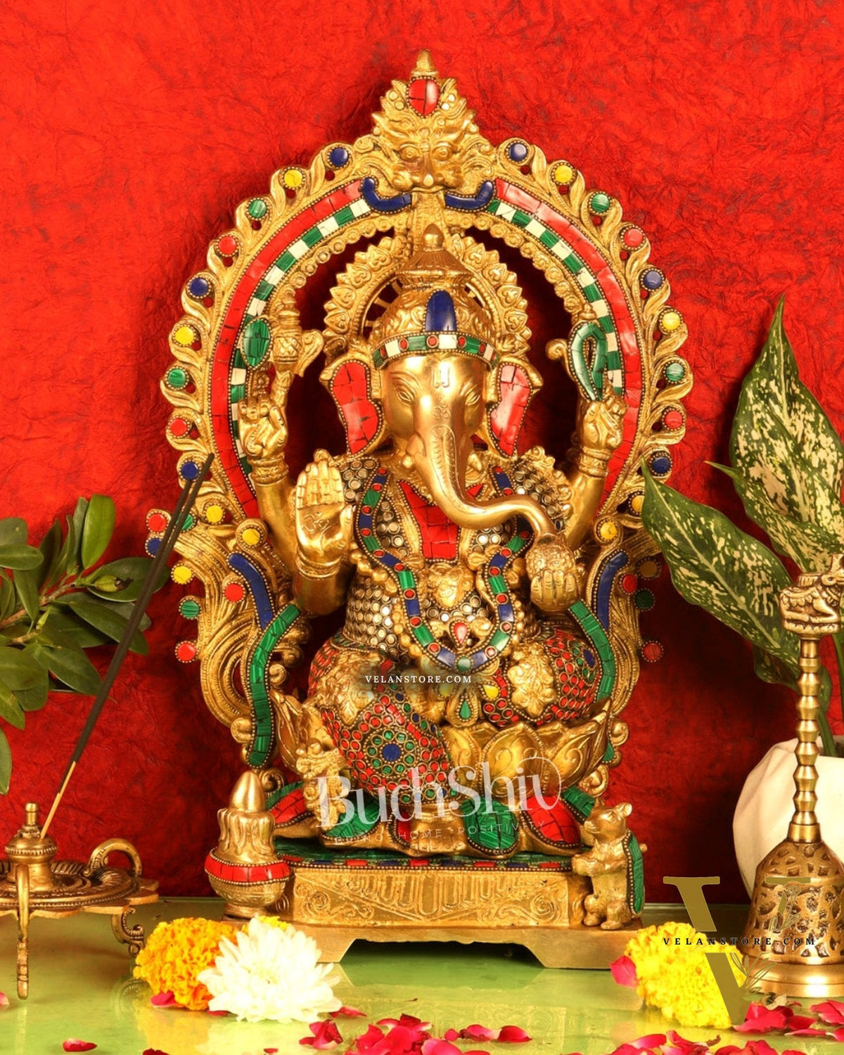 Handcrafted Raja Ganesha Statue with Natural Stones and Pure Brass Rings - 18" Height