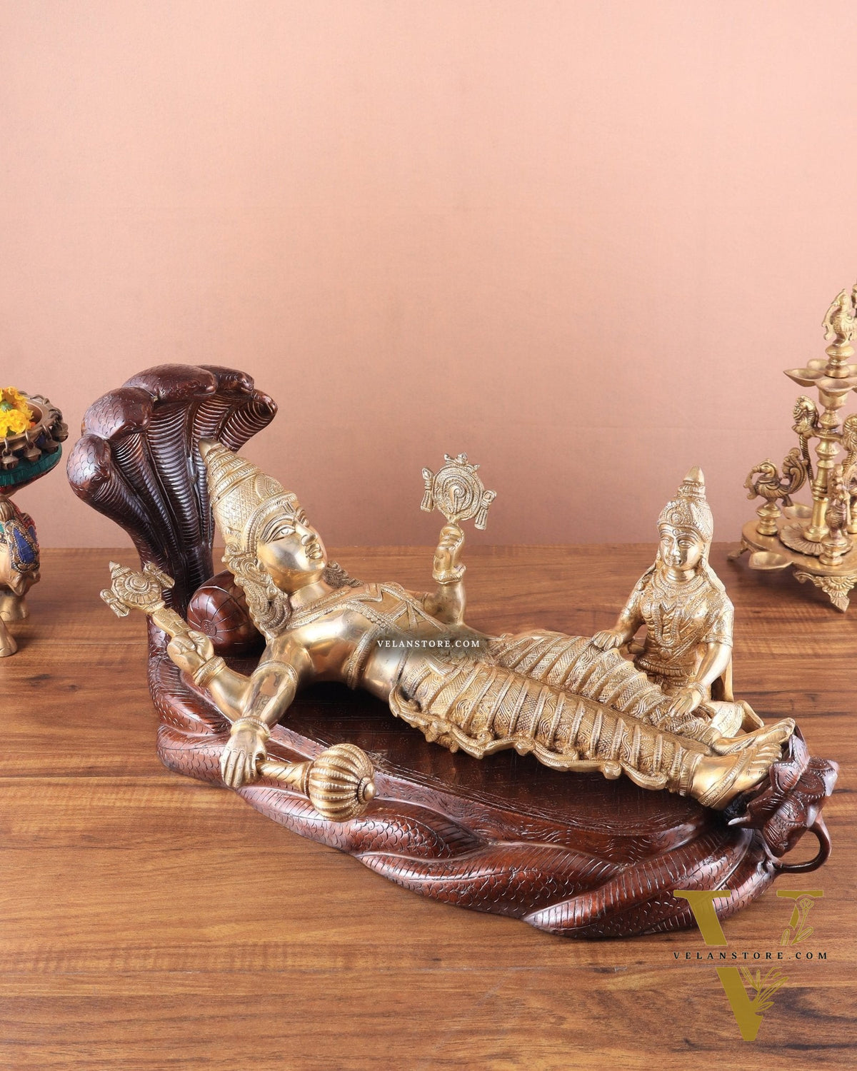 Handcrafted resting Brass Lakshmi Narayana Statue - 23 Inch wide