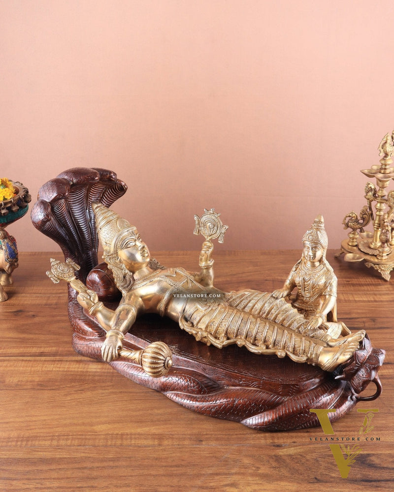 Handcrafted resting Brass Lakshmi Narayana Statue - 23 Inch wide