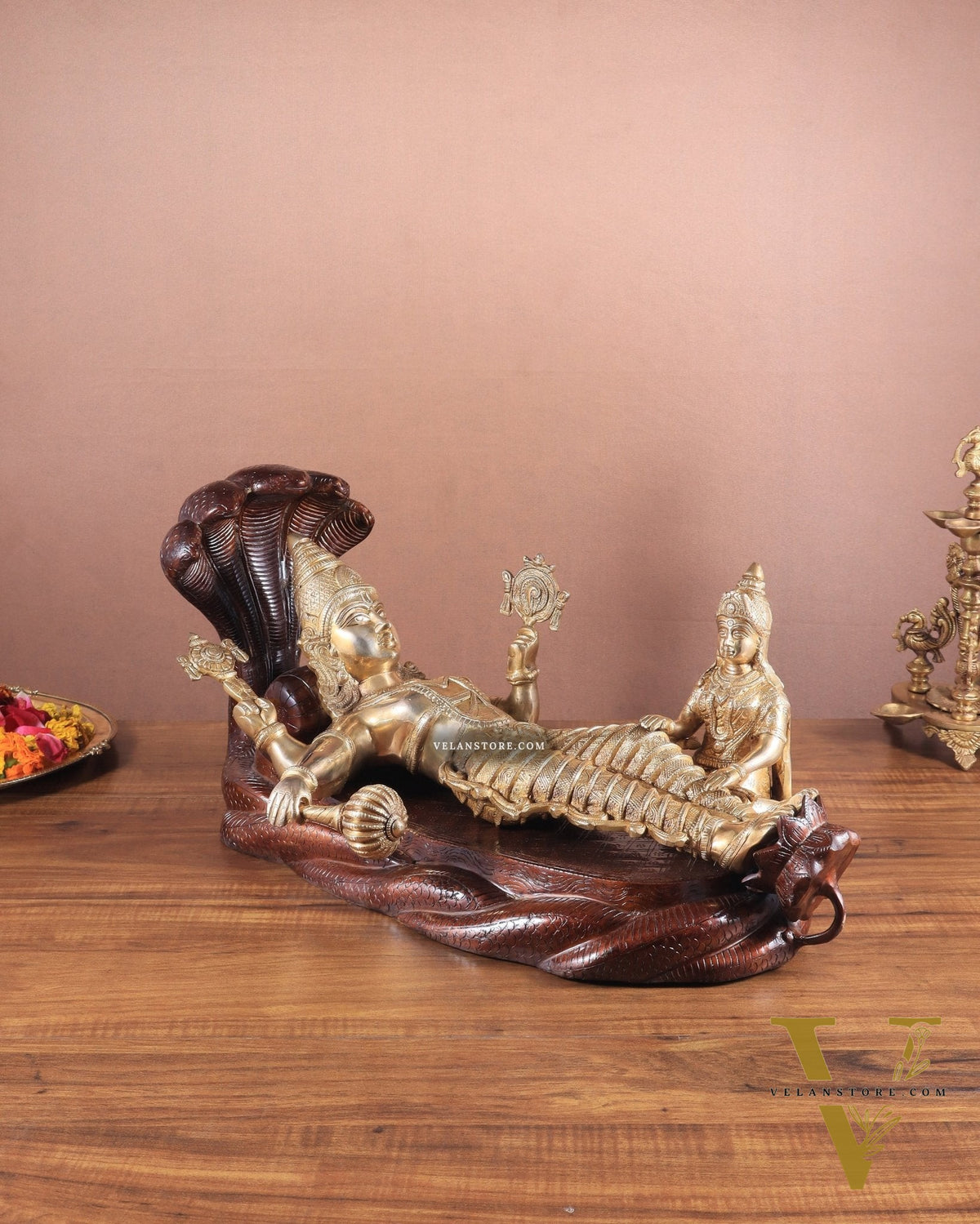 Handcrafted resting Brass Lakshmi Narayana Statue - 23 Inch wide