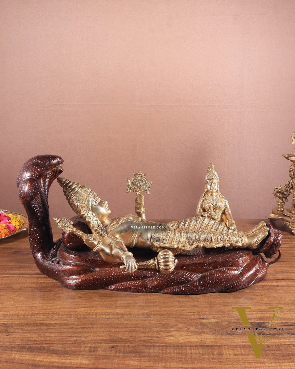 Handcrafted resting Brass Lakshmi Narayana Statue - 23 Inch wide
