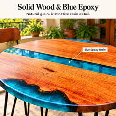 Handmade Round Live Edge Epoxy Coffee Table Set with 2 Chairs, Solid Wood Table with Blue Resin, Metal Hairpin Legs, Custom Size Furniture Set