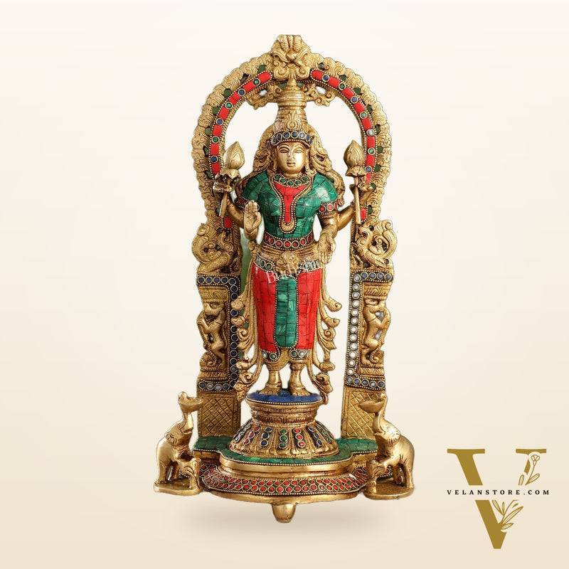 Handcrafted Superfine Brass Goddess Lakshmi Statue with Intricate Stonework | 16" Height