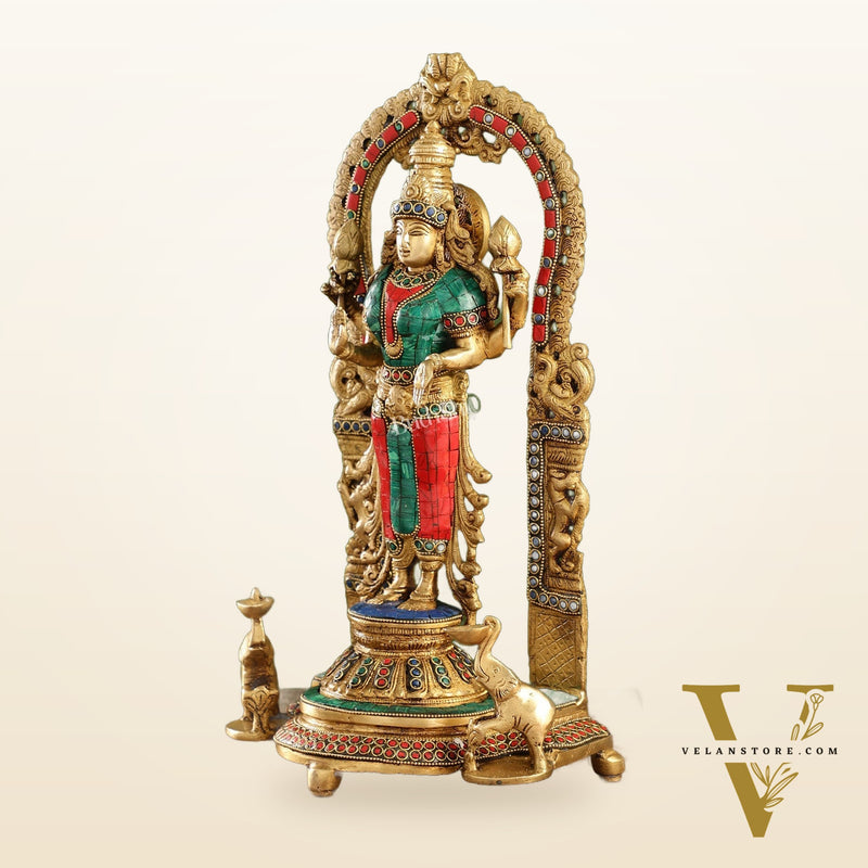 Handcrafted Superfine Brass Goddess Lakshmi Statue with Intricate Stonework | 16" Height