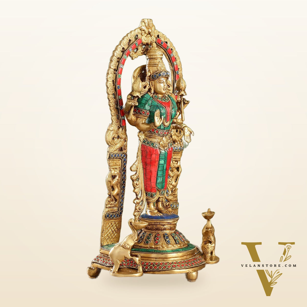 Handcrafted Superfine Brass Goddess Lakshmi Statue with Intricate Stonework | 16" Height