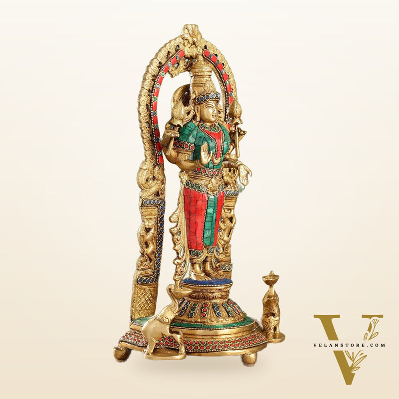 Handcrafted Superfine Brass Goddess Lakshmi Statue with Intricate Stonework | 16" Height
