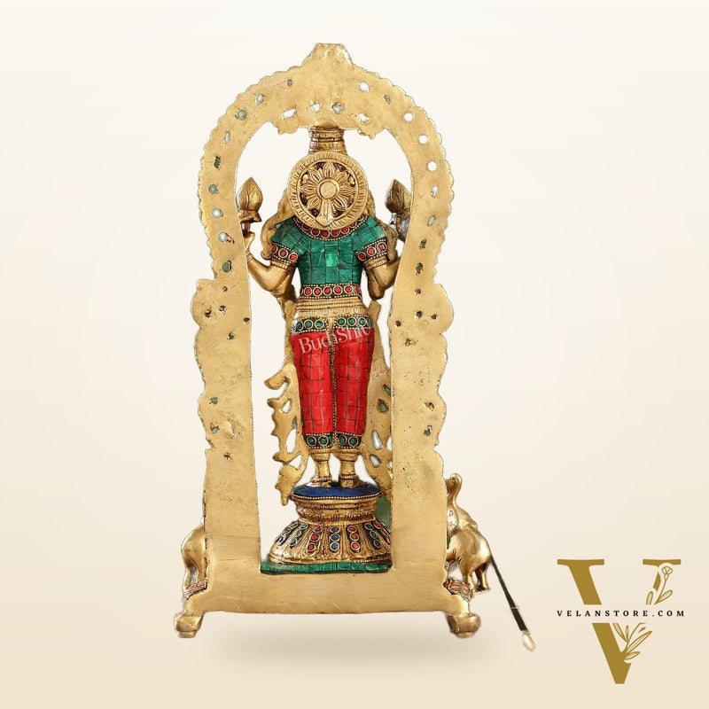 Handcrafted Superfine Brass Goddess Lakshmi Statue with Intricate Stonework | 16" Height