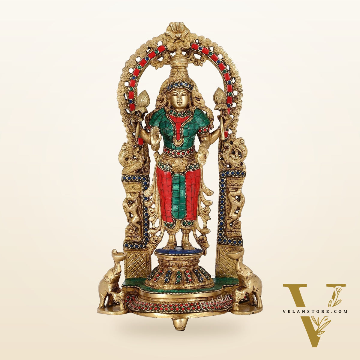 Handcrafted Superfine Brass Goddess Lakshmi Statue with Intricate Stonework | 16" Height