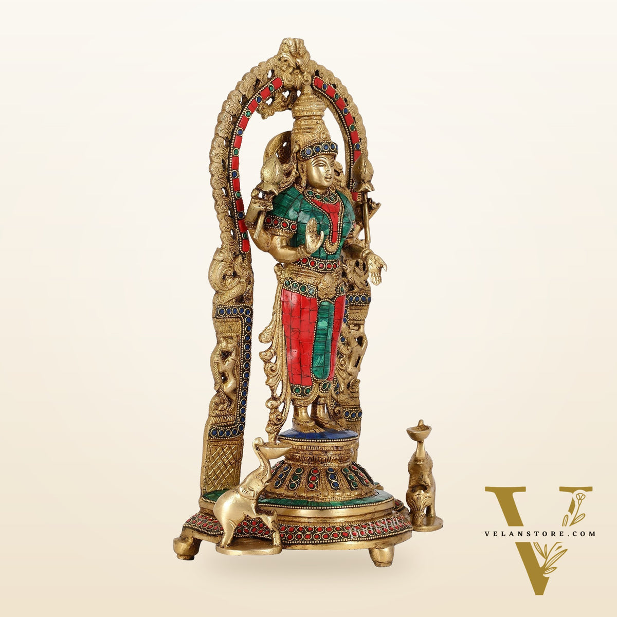 Handcrafted Superfine Brass Goddess Lakshmi Statue with Intricate Stonework | 16" Height