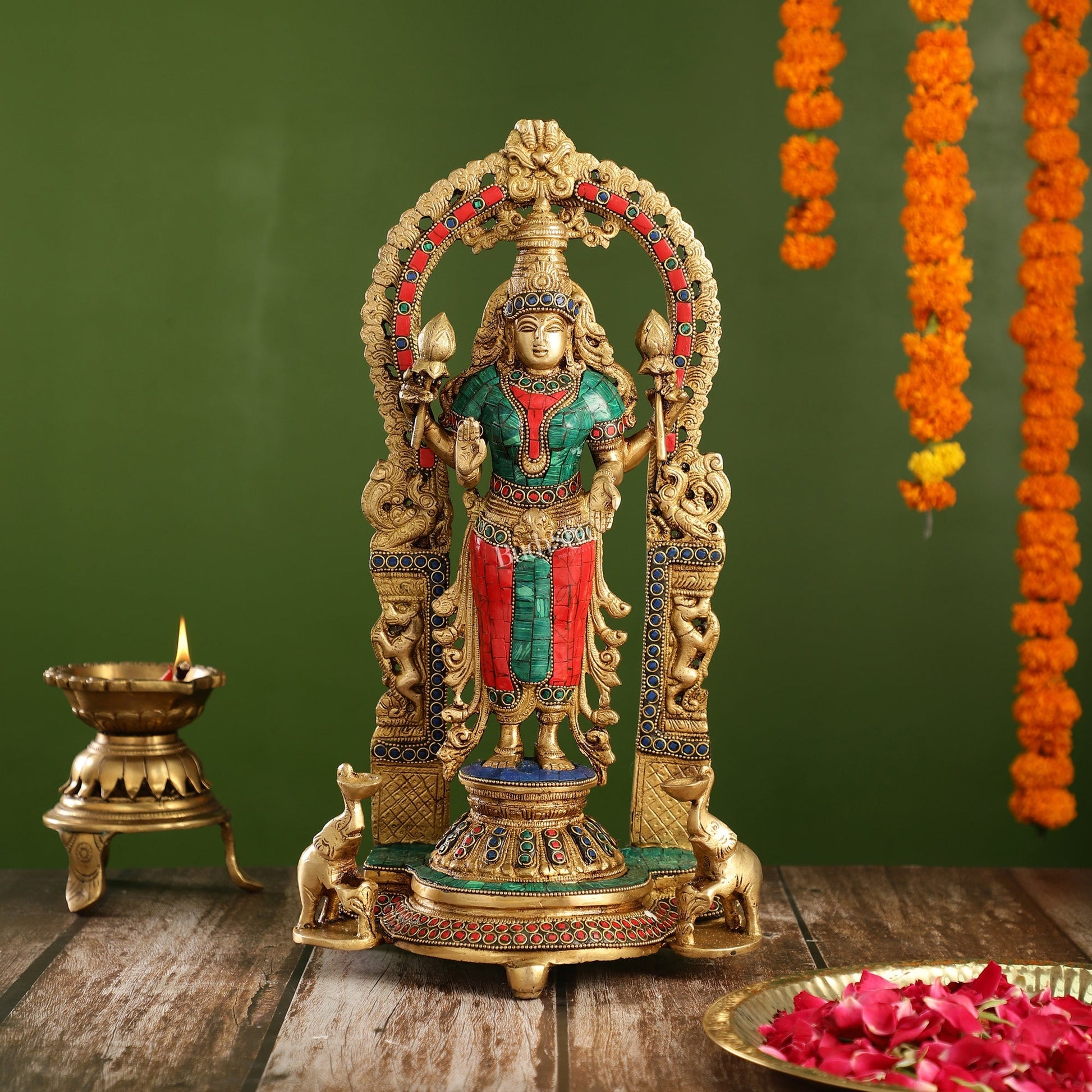 Handcrafted Superfine Brass Goddess Lakshmi Statue with Intricate Stonework | 16" Height