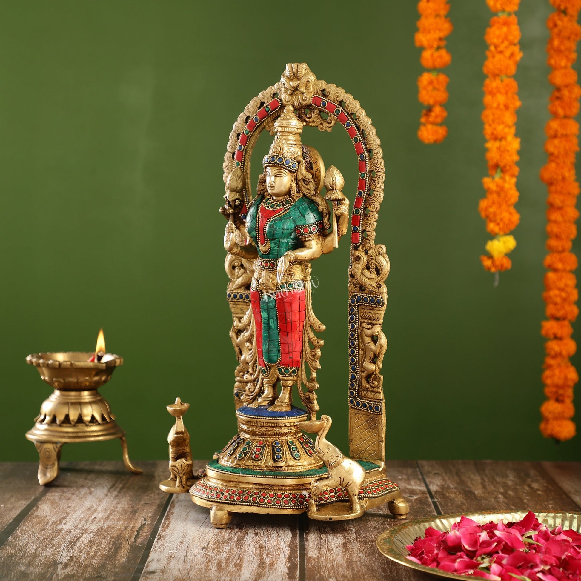 Handcrafted Superfine Brass Goddess Lakshmi Statue with Intricate Stonework | 16" Height