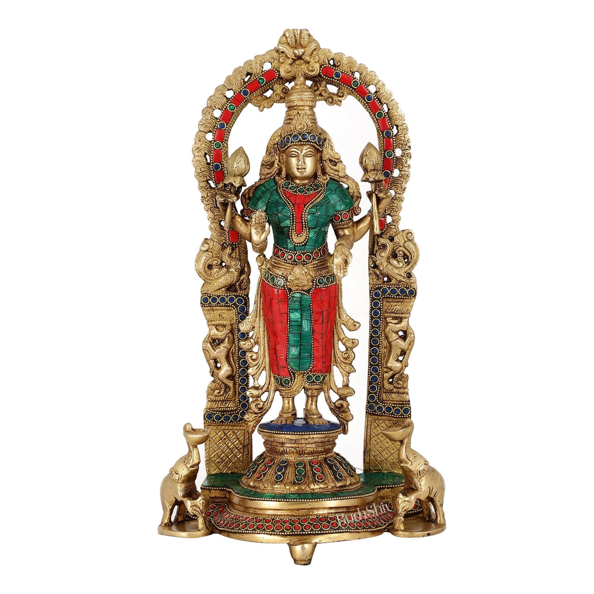 Handcrafted Superfine Brass Goddess Lakshmi Statue with Intricate Stonework | 16" Height