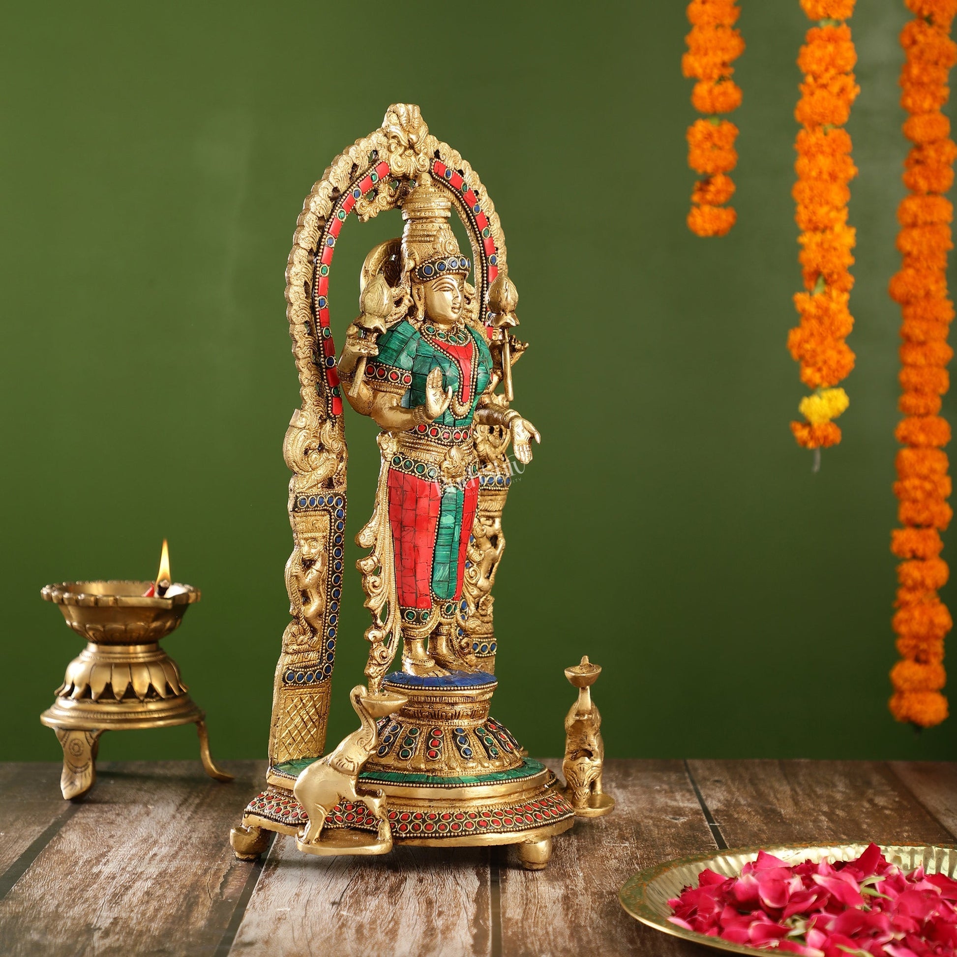 Handcrafted Superfine Brass Goddess Lakshmi Statue with Intricate Stonework | 16" Height