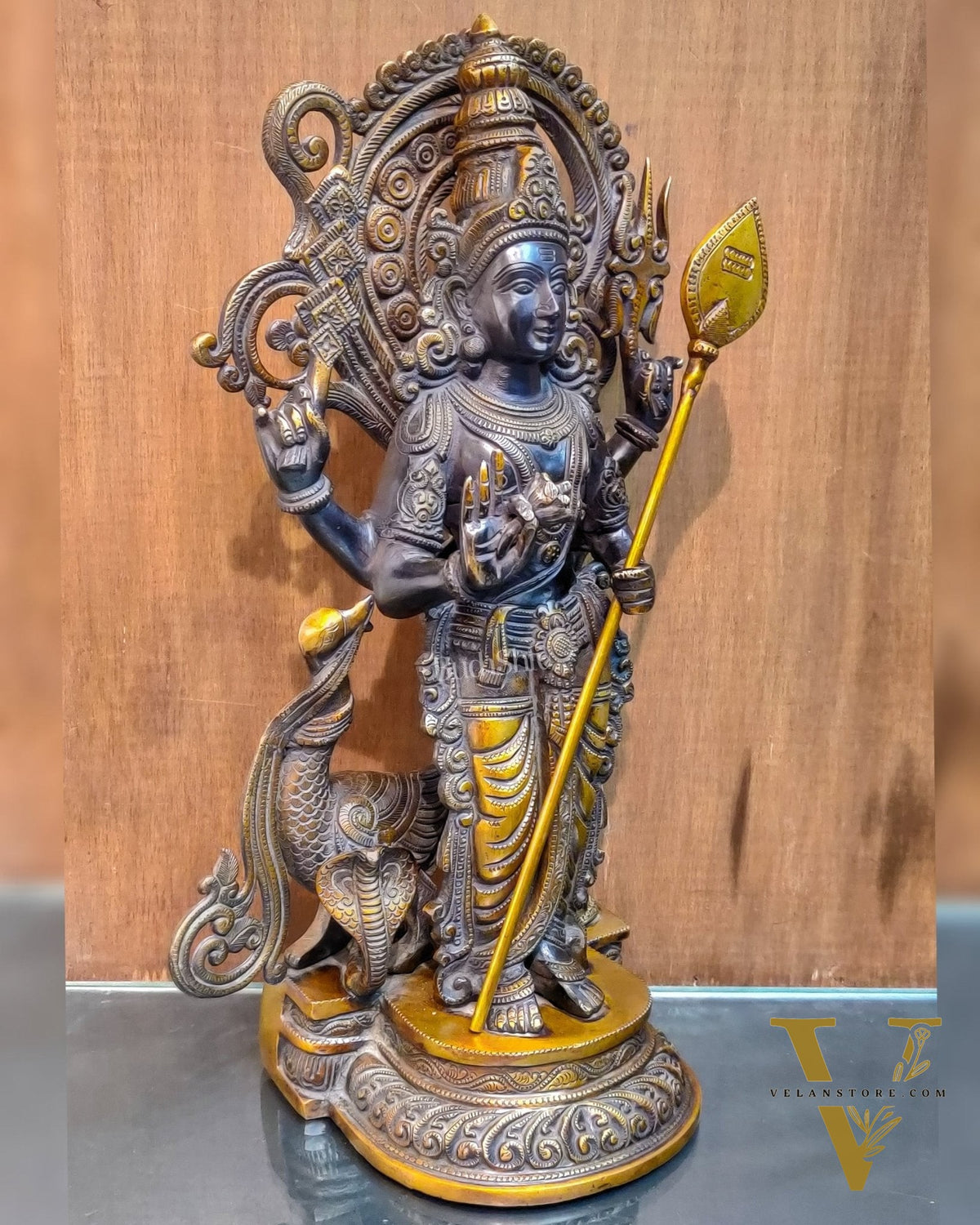 Handcrafted Superfine Brass Lord Murugan Statue - Peacock and Cobra - 20 inches