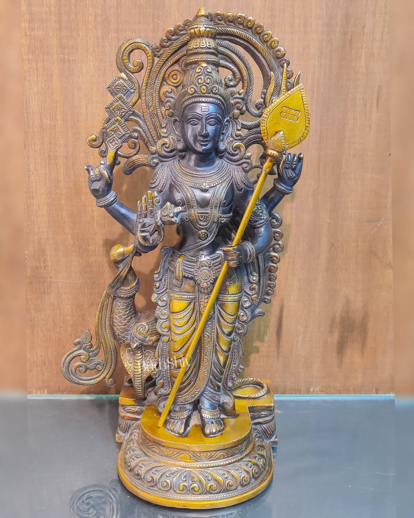 Handcrafted Superfine Brass Lord Murugan Statue - Peacock and Cobra - 20 inches