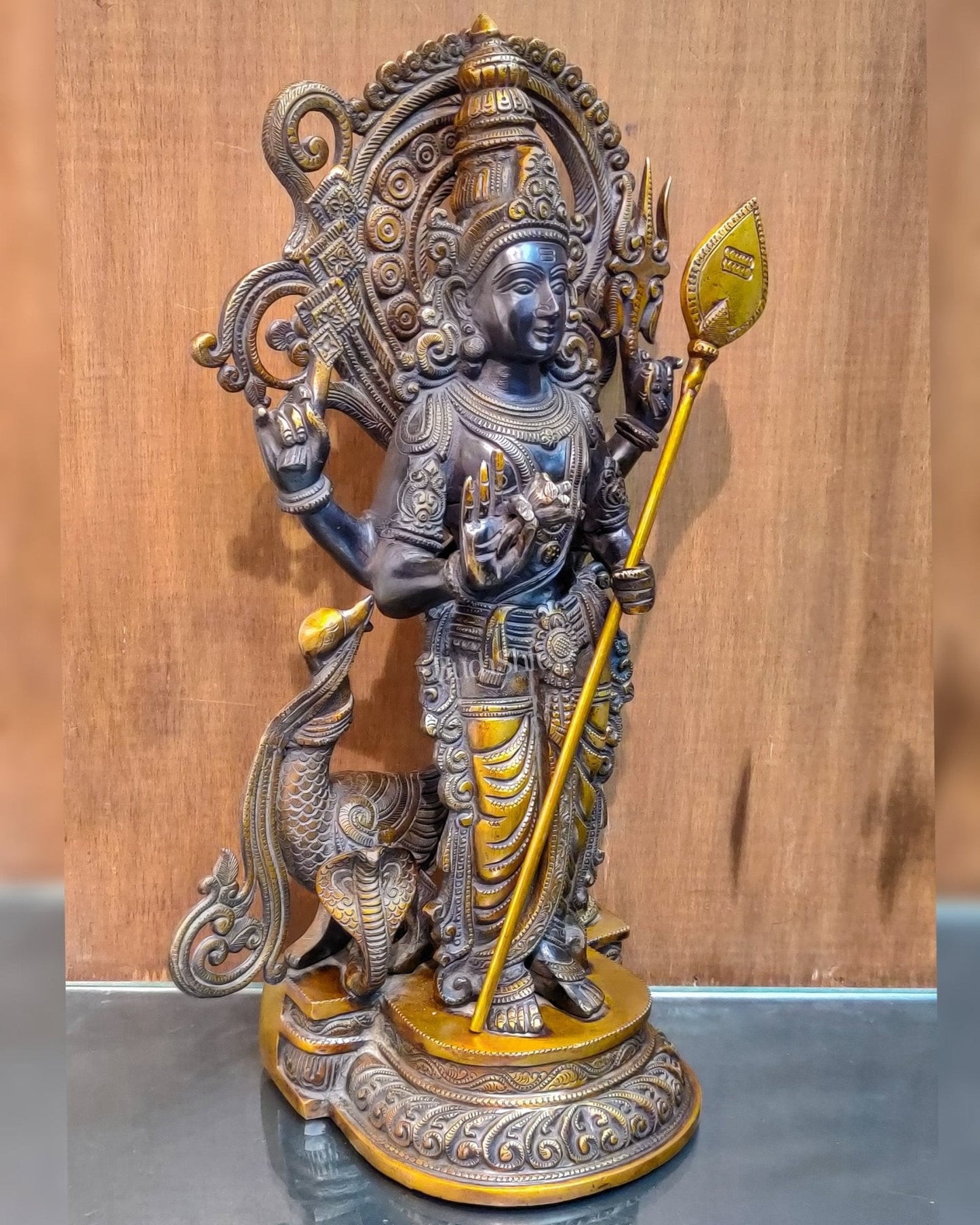 Handcrafted Superfine Brass Lord Murugan Statue - Peacock and Cobra - 20 inches