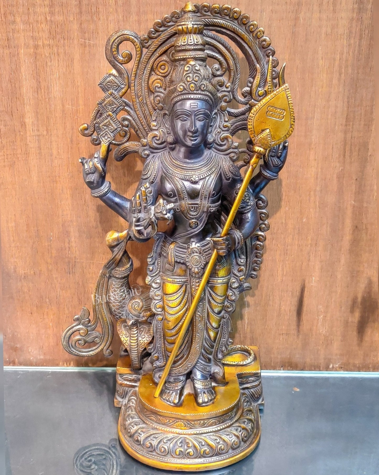 Handcrafted Superfine Brass Lord Murugan Statue - Peacock and Cobra - 20 inches