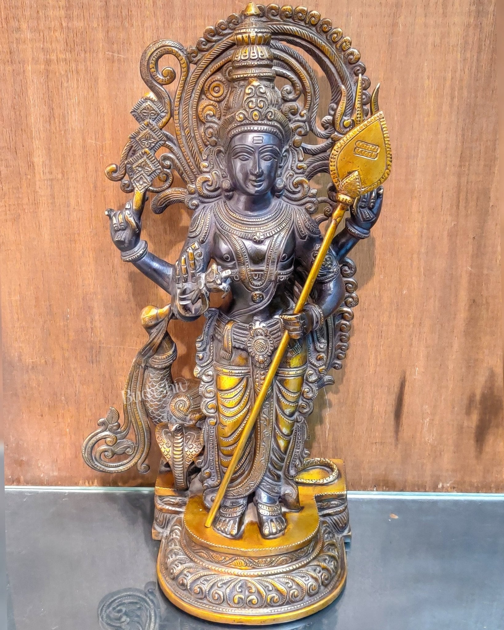 Handcrafted Superfine Brass Lord Murugan Statue - Peacock and Cobra - 20 inches