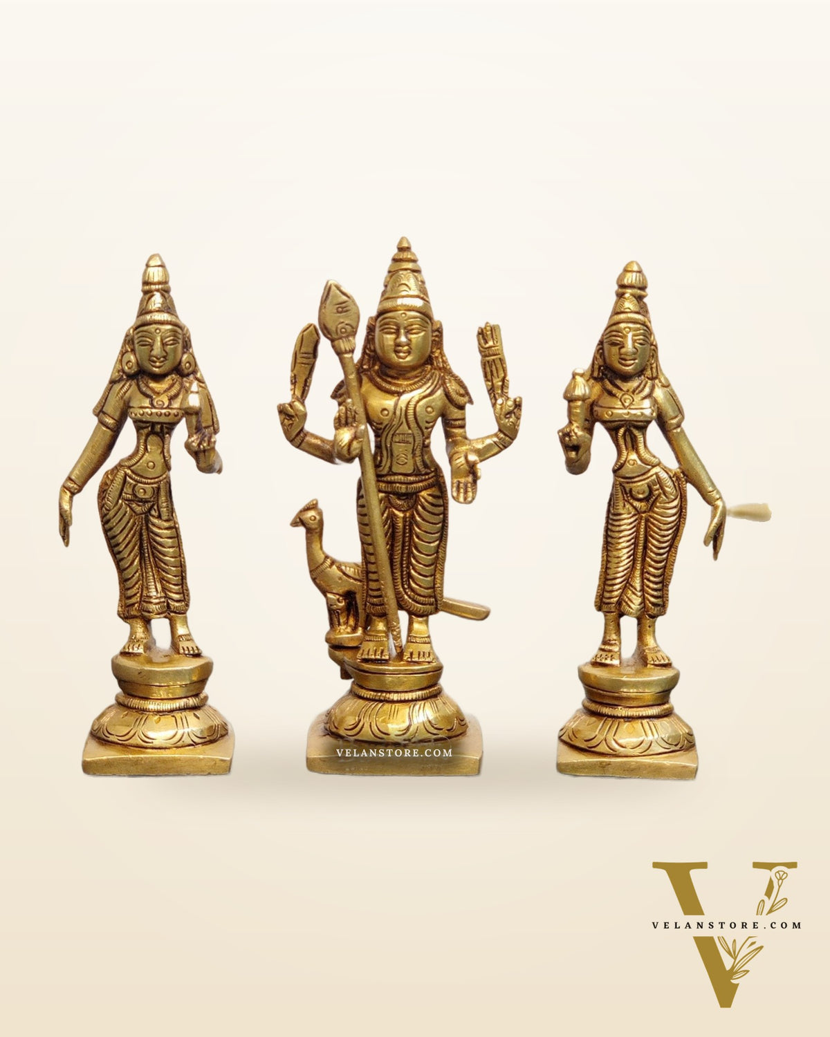Handcrafted Superfine Brass Lord Murugan with Goddesses Devasena and Valli 5"