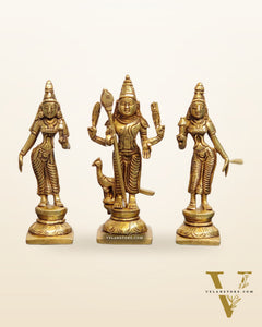 Handcrafted Superfine Brass Lord Murugan with Goddesses Devasena and Valli 5"