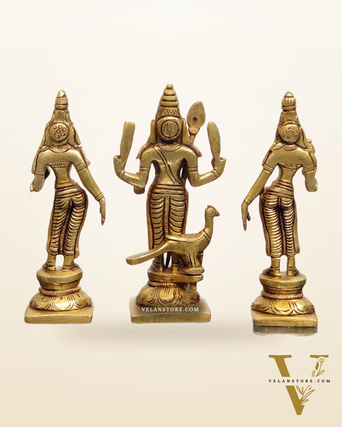 Handcrafted Superfine Brass Lord Murugan with Goddesses Devasena and Valli 5"