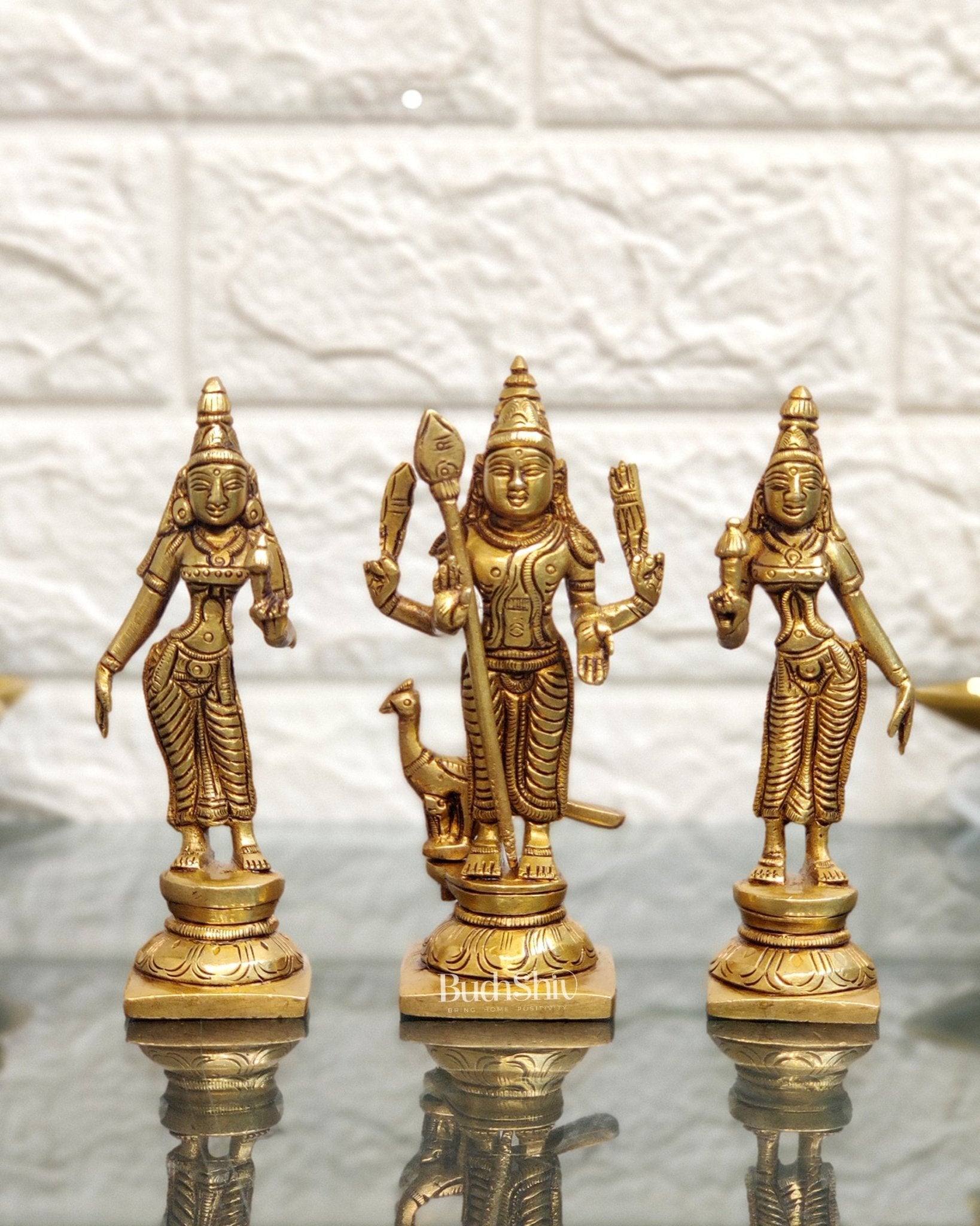 Handcrafted Superfine Brass Lord Murugan with Goddesses Devasena and Valli 5"