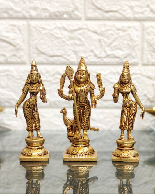 Handcrafted Superfine Brass Lord Murugan with Goddesses Devasena and Valli 5"