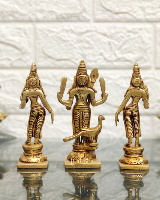 Handcrafted Superfine Brass Lord Murugan with Goddesses Devasena and Valli 5"