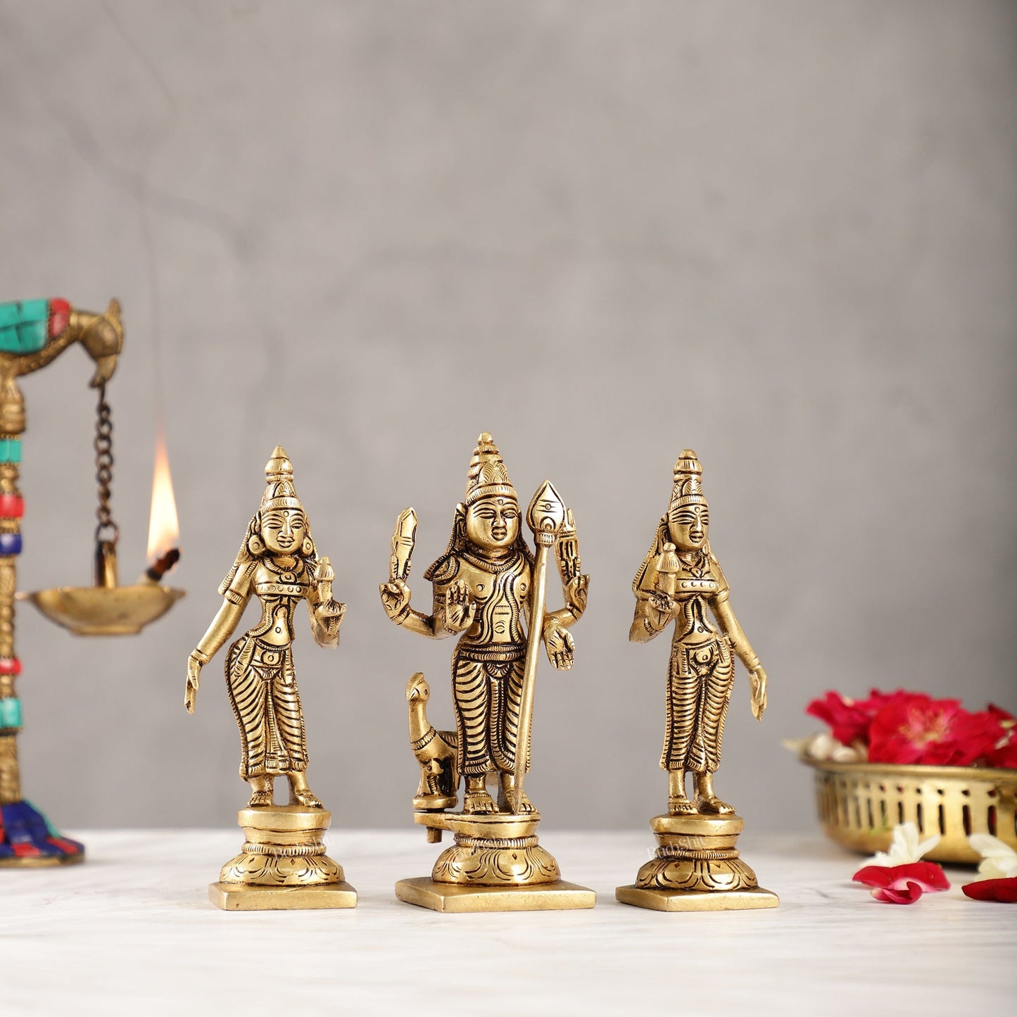 Handcrafted Superfine Brass Lord Murugan with Goddesses Devasena and Valli 5"