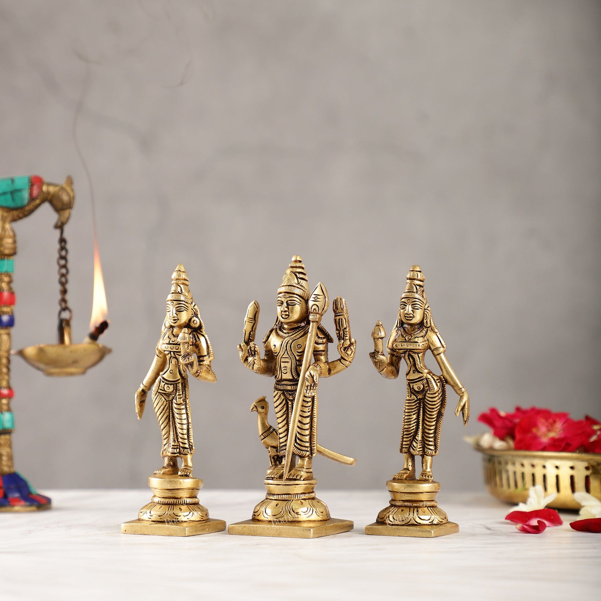 Handcrafted Superfine Brass Lord Murugan with Goddesses Devasena and Valli 5"