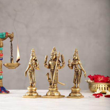 Handcrafted Superfine Brass Lord Murugan with Goddesses Devasena and Valli 5"