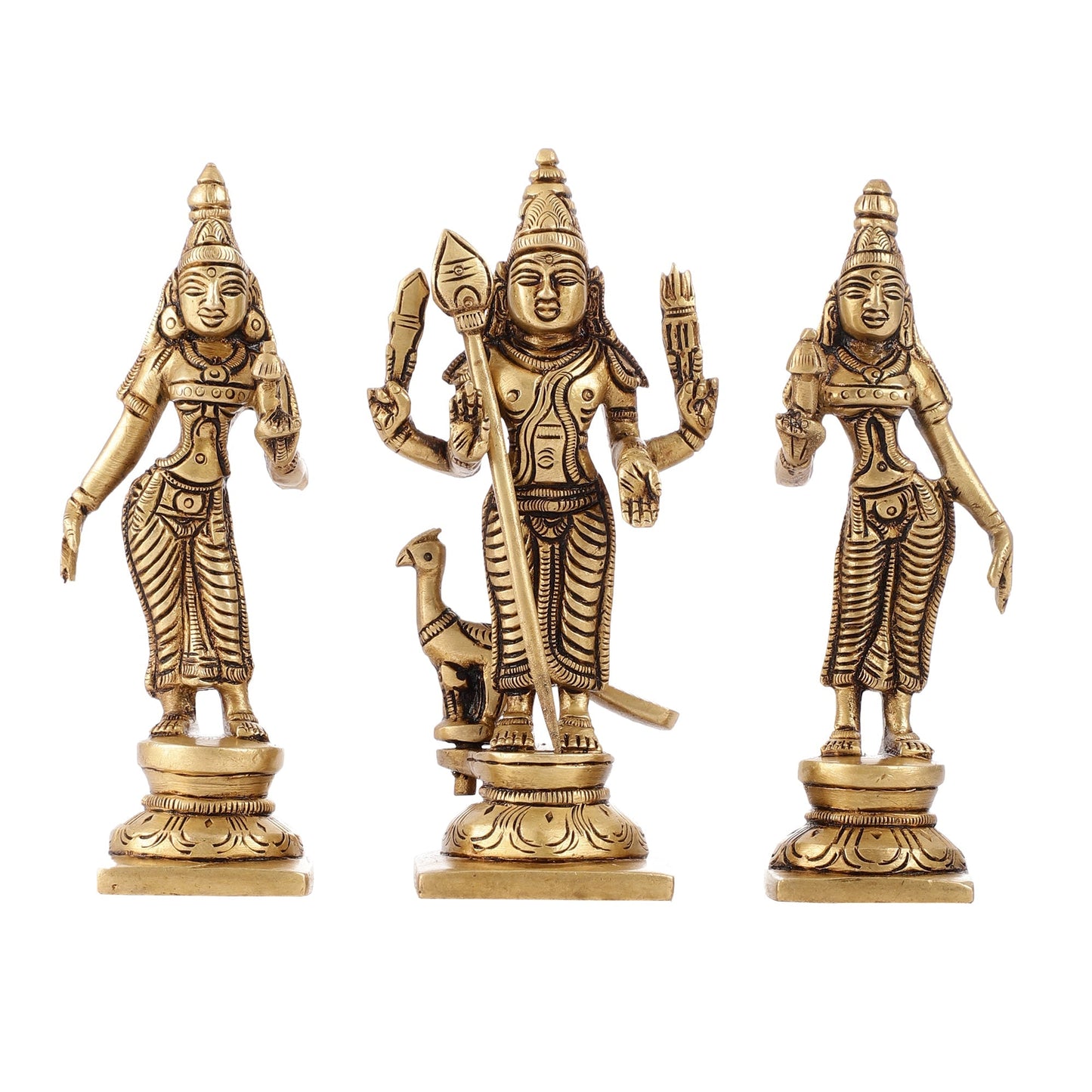 Handcrafted Superfine Brass Lord Murugan with Goddesses Devasena and Valli 5"