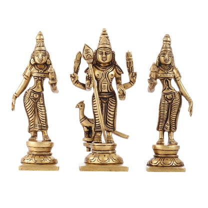 Handcrafted Superfine Brass Lord Murugan with Goddesses Devasena and Valli 5"