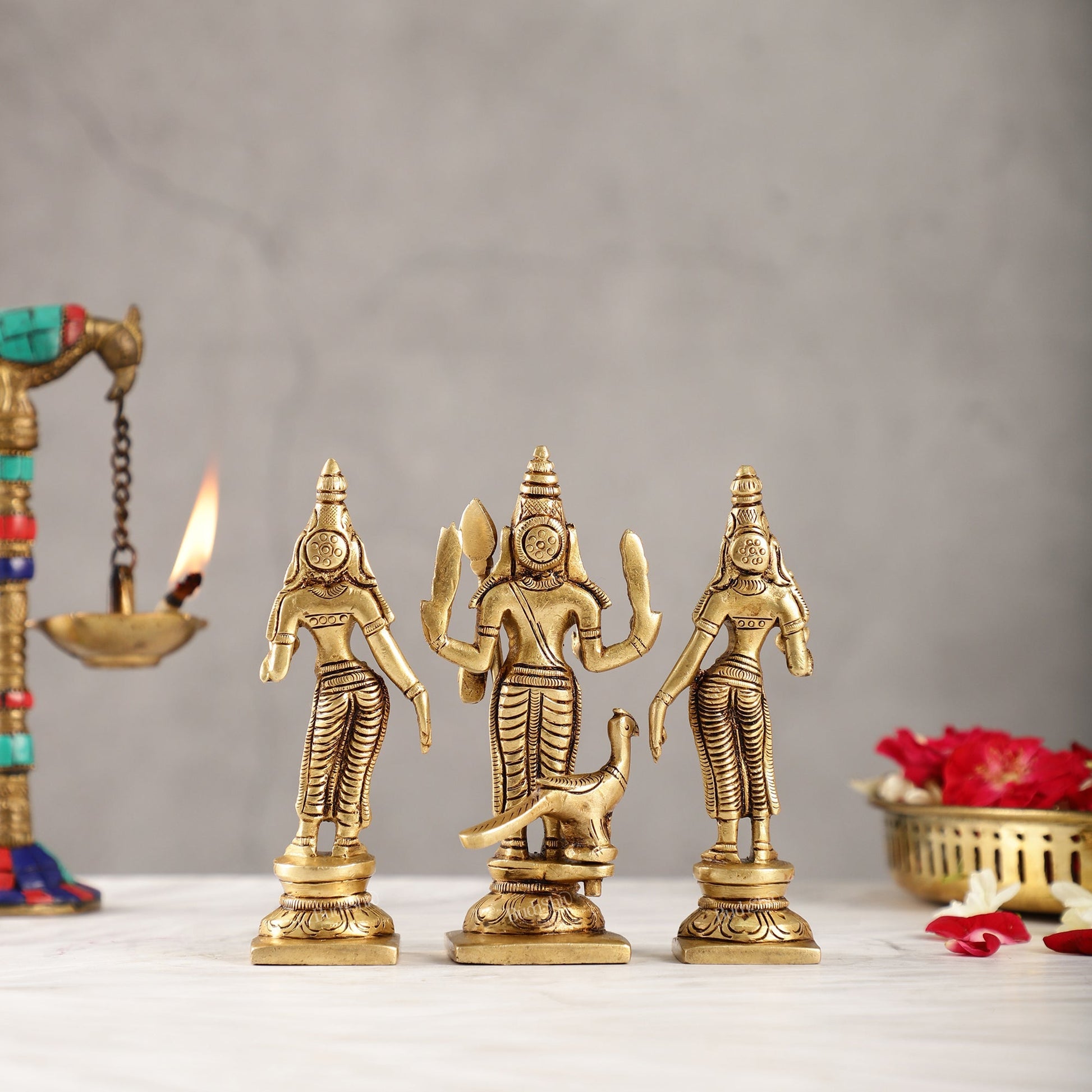 Handcrafted Superfine Brass Lord Murugan with Goddesses Devasena and Valli 5"