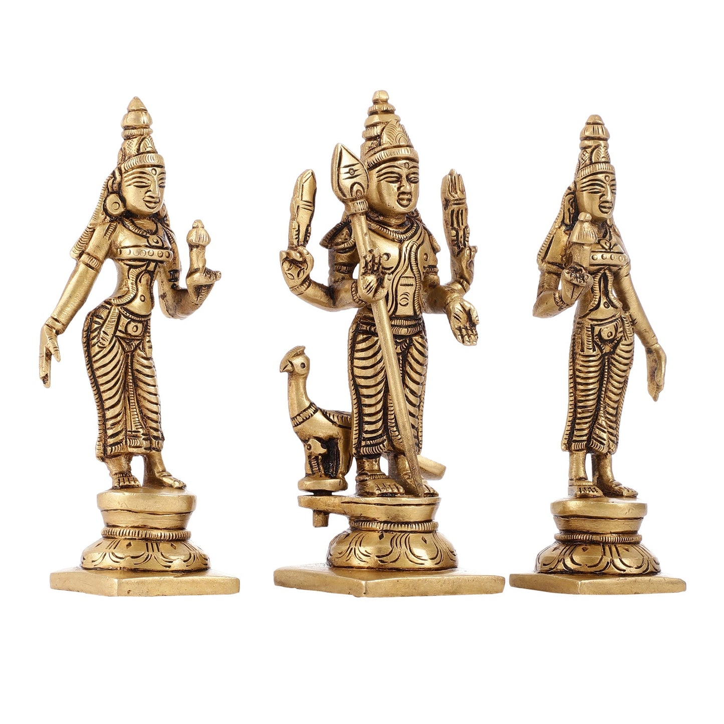Handcrafted Superfine Brass Lord Murugan with Goddesses Devasena and Valli 5"