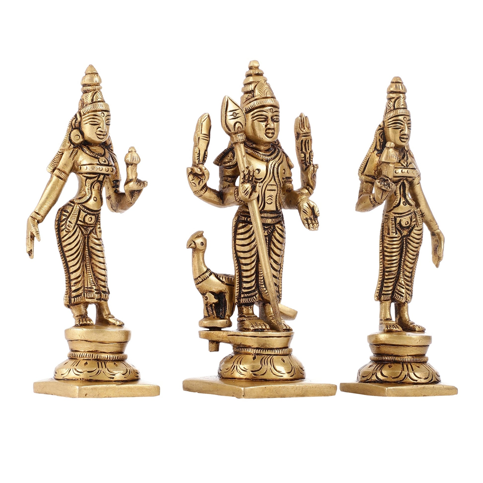 Handcrafted Superfine Brass Lord Murugan with Goddesses Devasena and Valli 5"