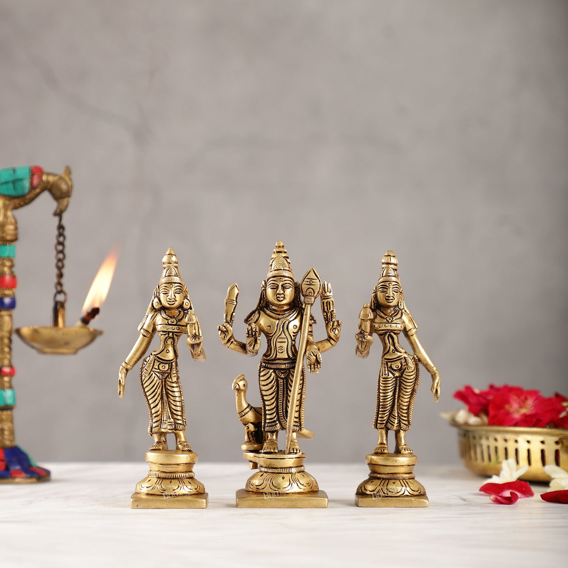 Handcrafted Superfine Brass Lord Murugan with Goddesses Devasena and Valli 5"