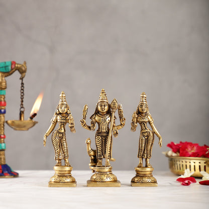 Handcrafted Superfine Brass Lord Murugan with Goddesses Devasena and Valli 5"