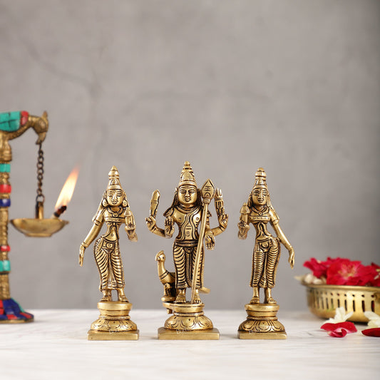 Handcrafted Superfine Brass Lord Murugan with Goddesses Devasena and Valli 5"