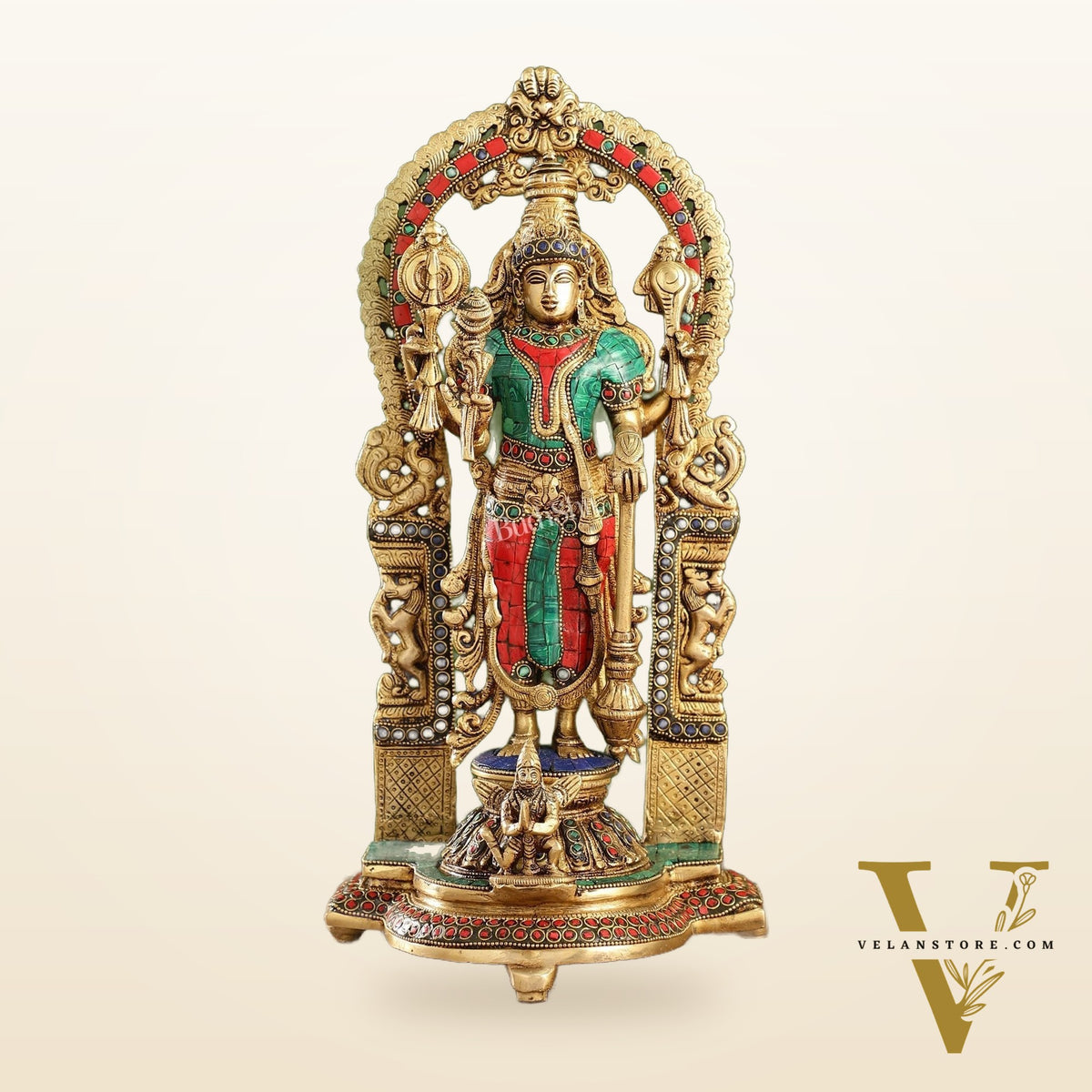 Handcrafted Superfine Brass Lord Vishnu Statue with Intricate Stonework | 16" Height