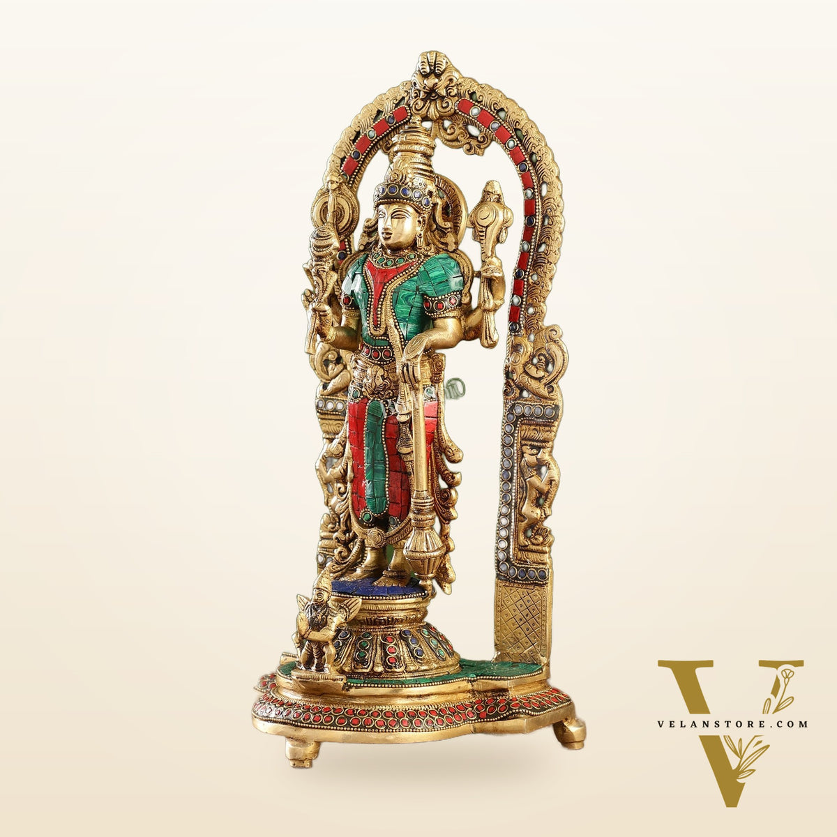 Handcrafted Superfine Brass Lord Vishnu Statue with Intricate Stonework | 16" Height