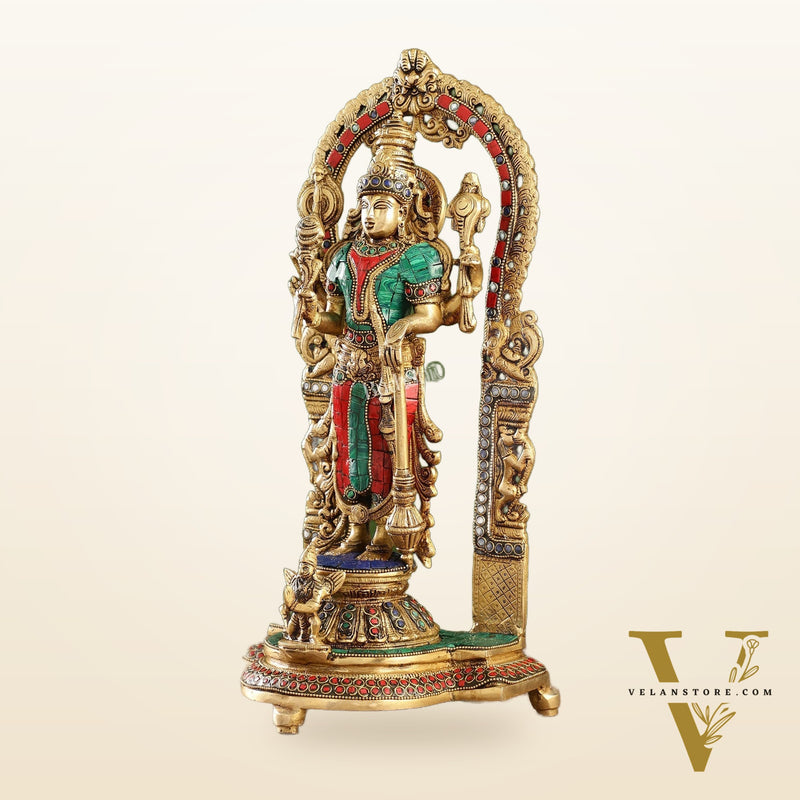 Handcrafted Superfine Brass Lord Vishnu Statue with Intricate Stonework | 16" Height