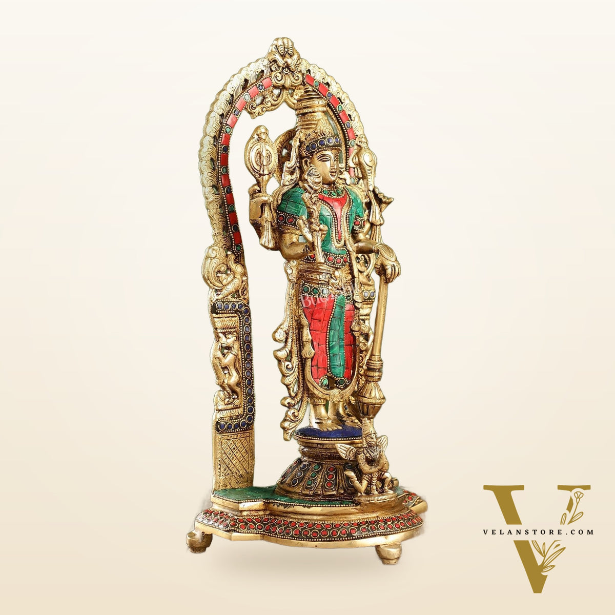 Handcrafted Superfine Brass Lord Vishnu Statue with Intricate Stonework | 16" Height