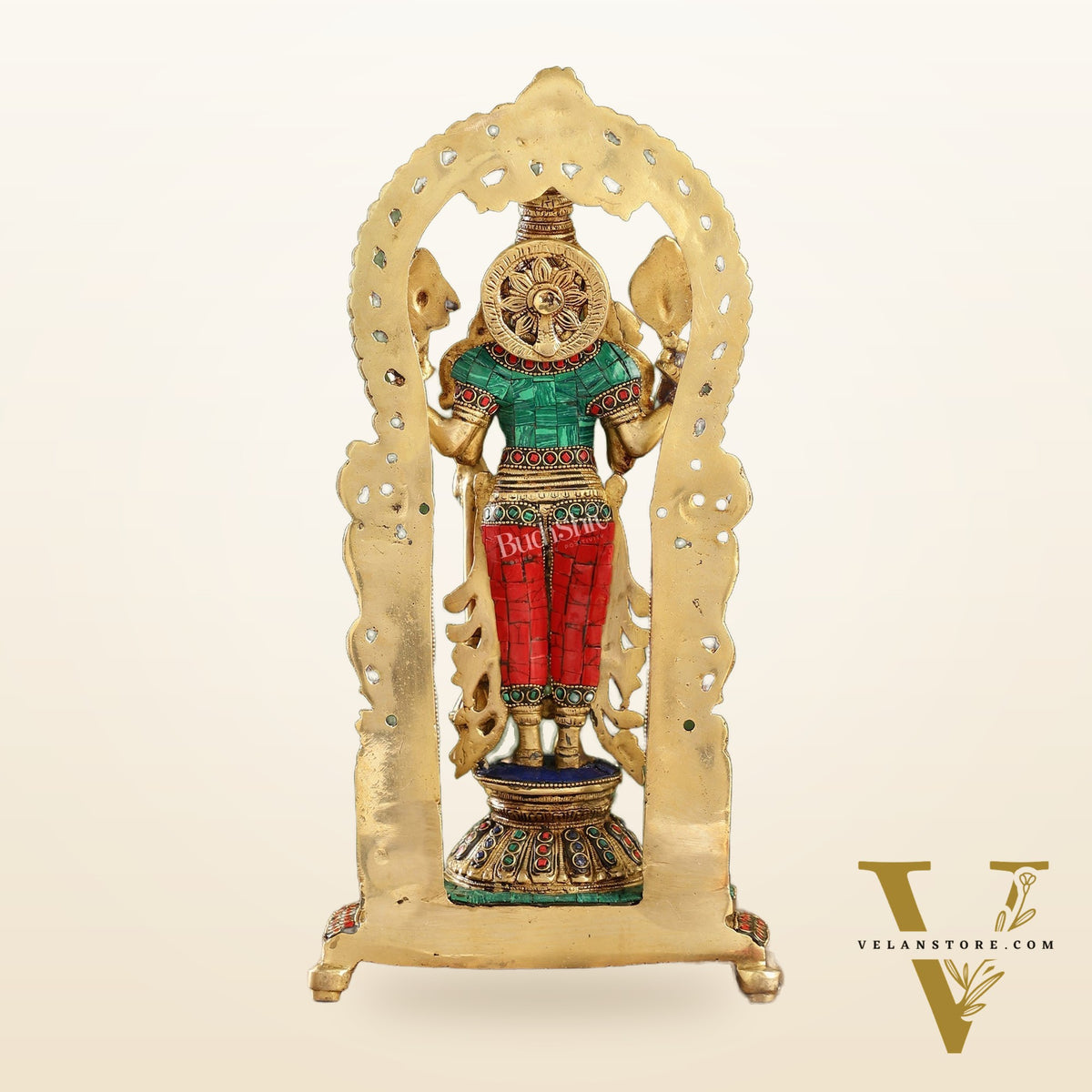 Handcrafted Superfine Brass Lord Vishnu Statue with Intricate Stonework | 16" Height