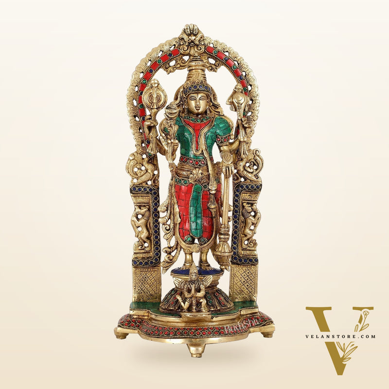 Handcrafted Superfine Brass Lord Vishnu Statue with Intricate Stonework | 16" Height