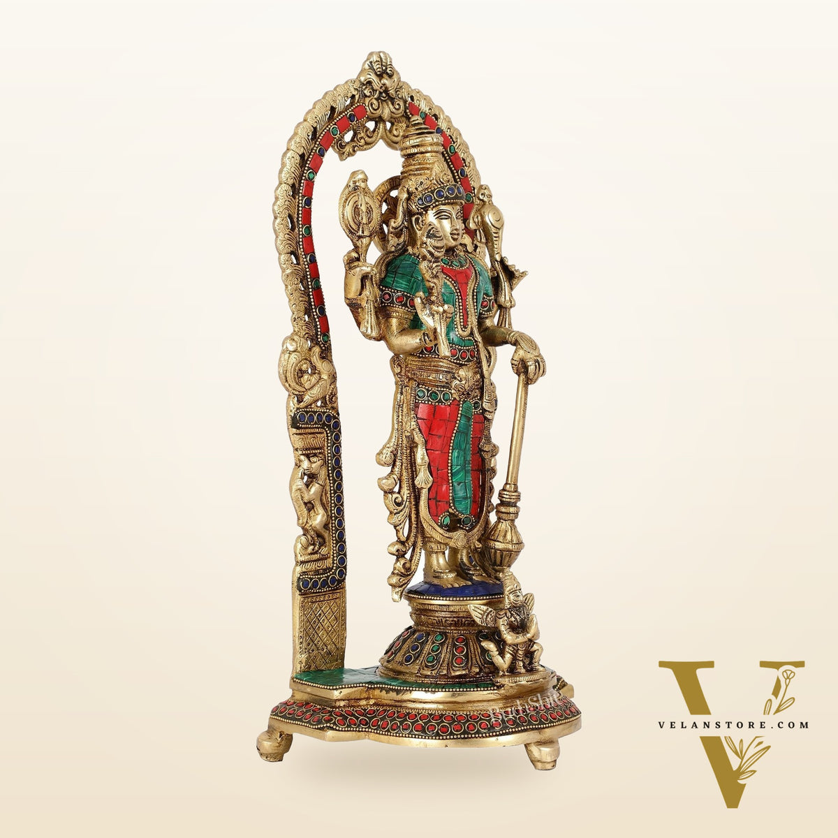 Handcrafted Superfine Brass Lord Vishnu Statue with Intricate Stonework | 16" Height