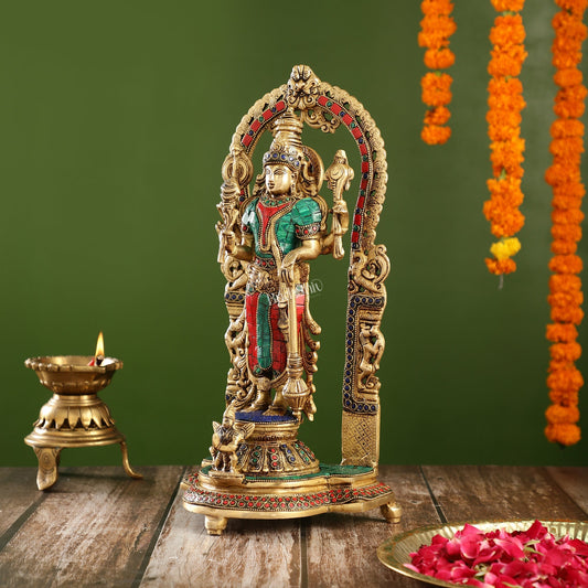 Handcrafted Superfine Brass Lord Vishnu Statue with Intricate Stonework | 16" Height