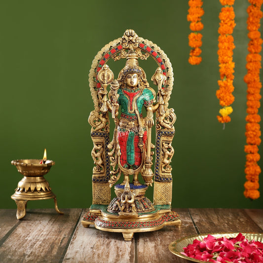 Handcrafted Superfine Brass Lord Vishnu Statue with Intricate Stonework | 16" Height