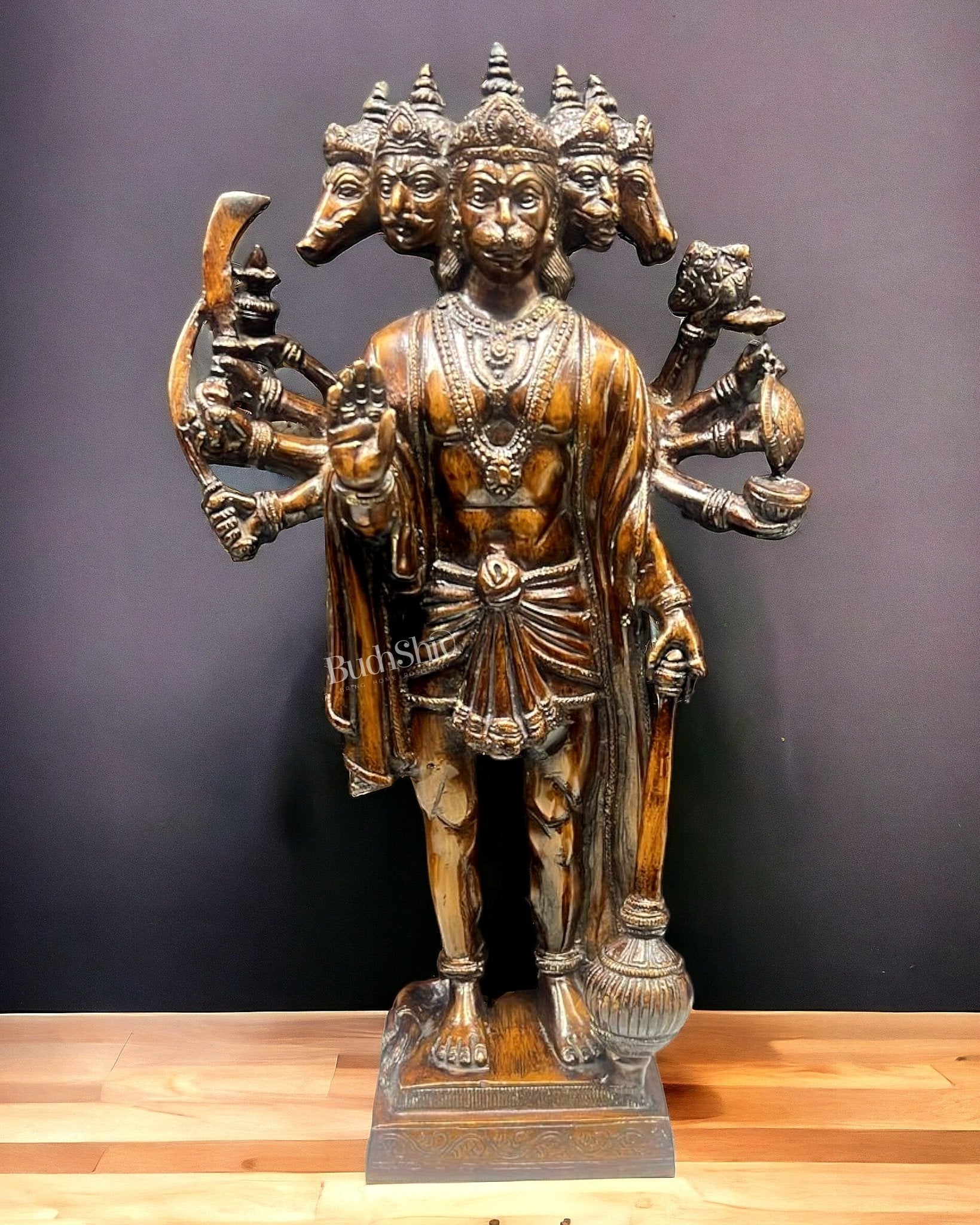 Handcrafted Superfine Brass Panchmukhi Hanuman idol | Standing Tall | 14" Height